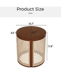 Rainsken Round Solid Wood Nightstand, Hollow Woven Bedside Table, Compact Accent End Table for Living Room, Bedroom