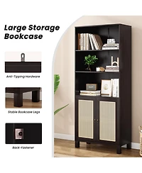 Rainsken 71" Tall Bookshelf, 5 Tier Wood Storage Bookcase with Rattan Doors and Ample Storage Space for Living Room, Home Office
