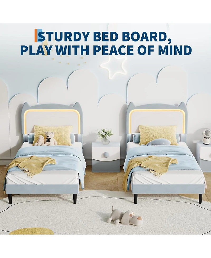 gaomon Twin Size Bed Frame with Cat Headboard, Twin Platform Bed Frame with Grb Led Lights & Strong Wood Slats Support, Noise Free