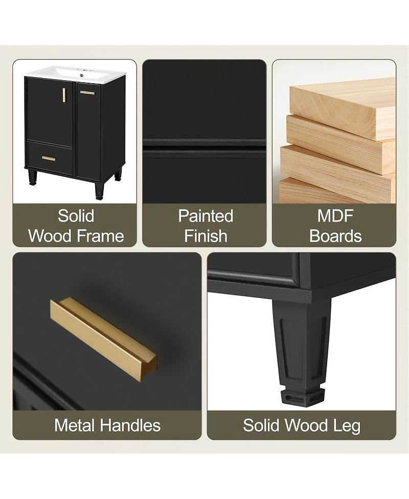 Sillysis 24" Bathroom Vanity with Ceramic Sink, Deep Drawer and Pull Out Basket