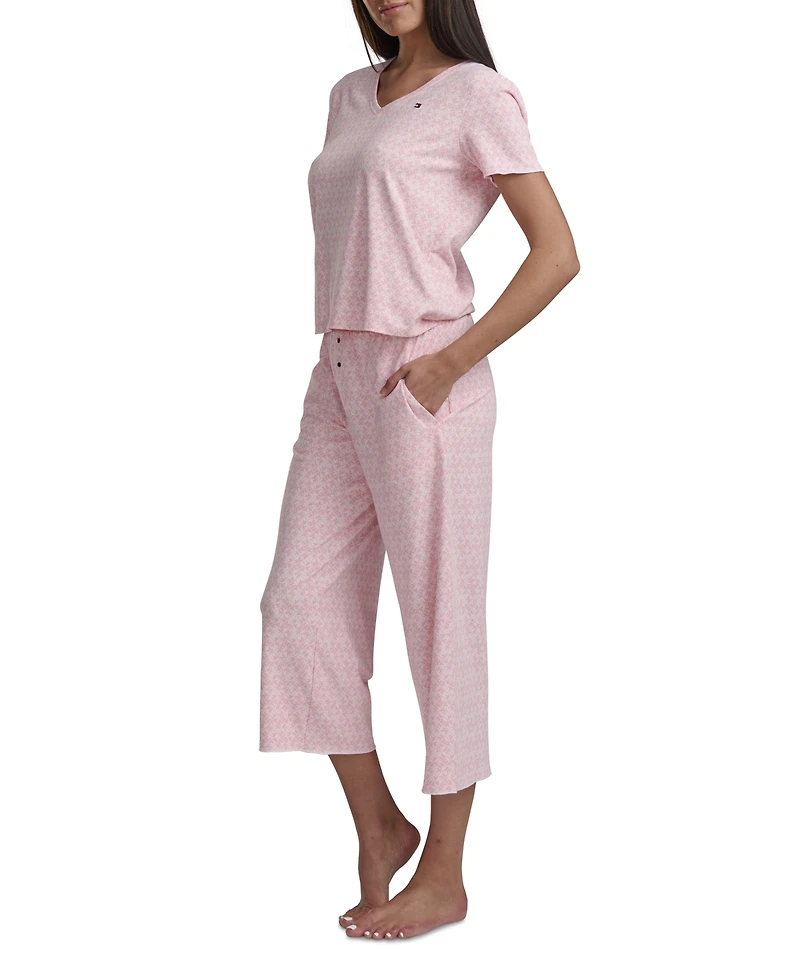 Tommy Hilfiger Women's 2-Pc. Short-Sleeve T-Shirt & Wide-Leg Cropped Pants Pajama Set