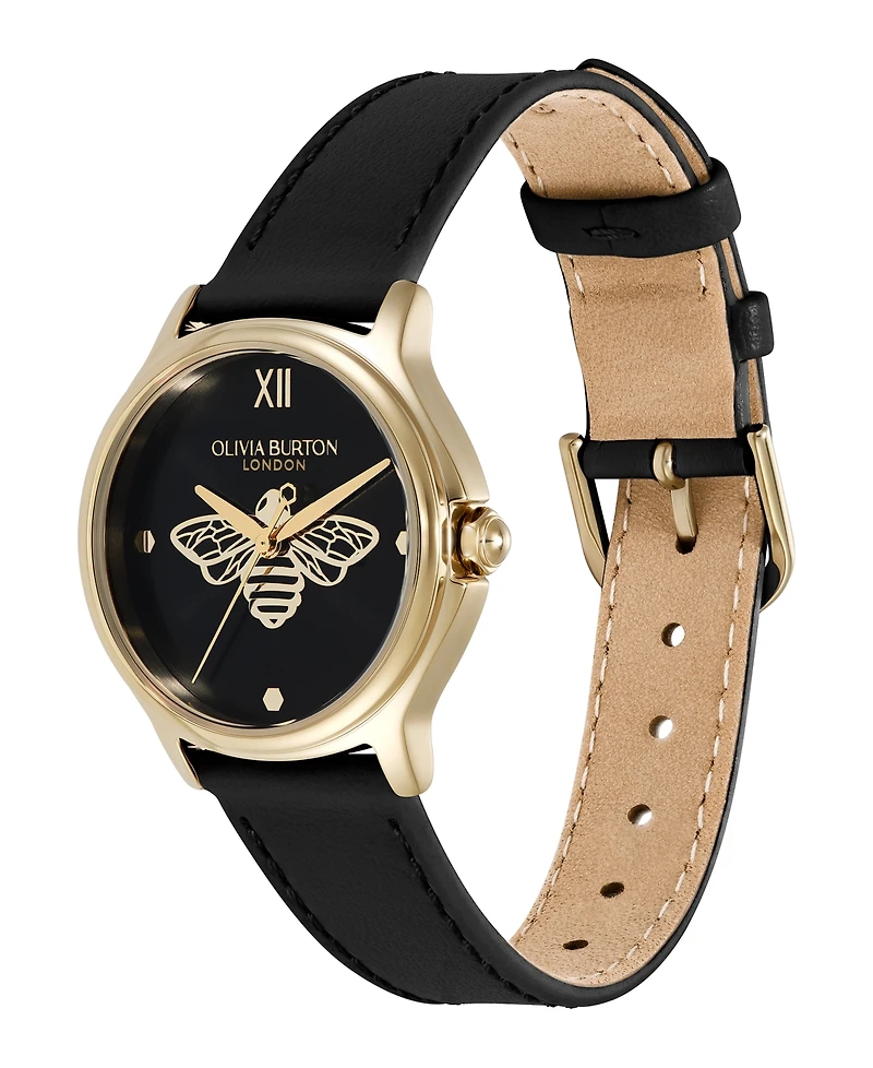 Olivia Burton Women's Ob Classic Bee Black Leather Strap Watch, 29.8mm