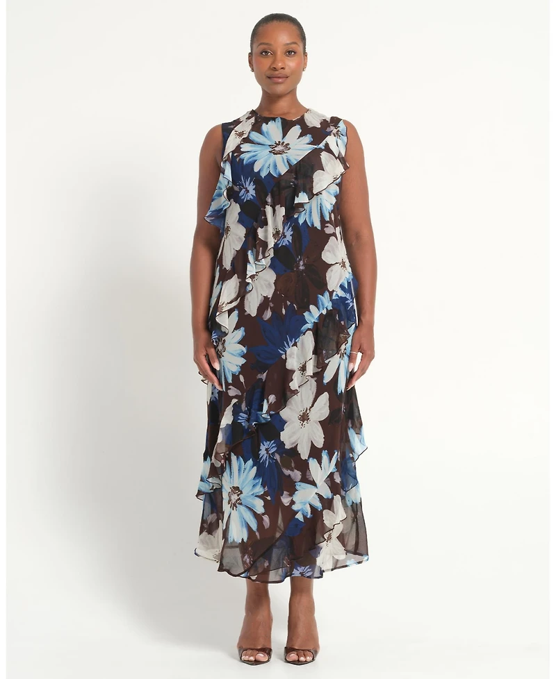 Estelle Women's Plus Sizes Aveline Floral Ruffle Sleeveless Midi Dress