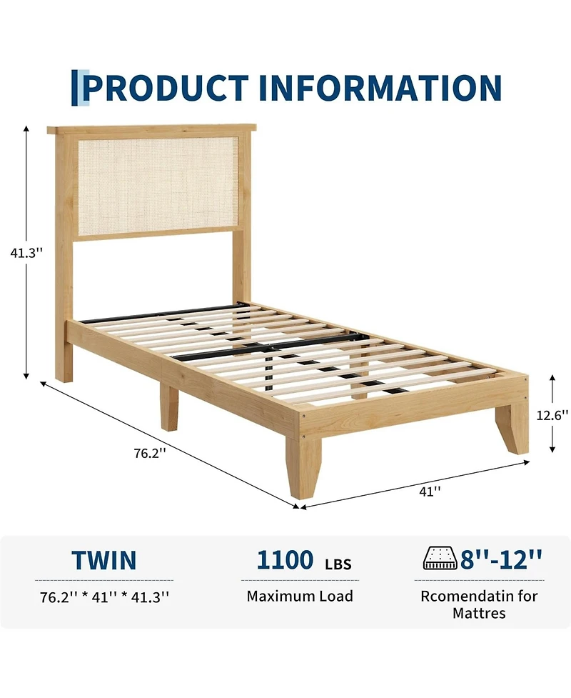 gaomon Rattan Bed Frame with Natural Rattan Headboard, Bohemian Rattan Bed Frame with Led Lights, Solid Wood Foundation