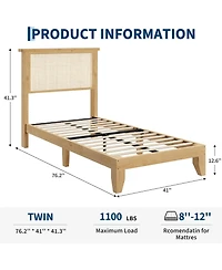 gaomon Rattan Bed Frame with Natural Rattan Headboard, Bohemian Rattan Bed Frame with Led Lights, Solid Wood Foundation