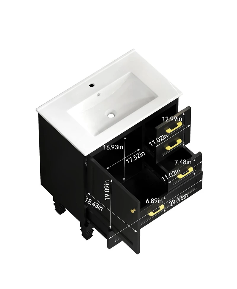 Sillysis Modern Bathroom Vanity with Sink, Transitional Mdf Cabinet, Ample Soft Close Storage, 1 Door 3 Drawers for Stylish Bathrooms