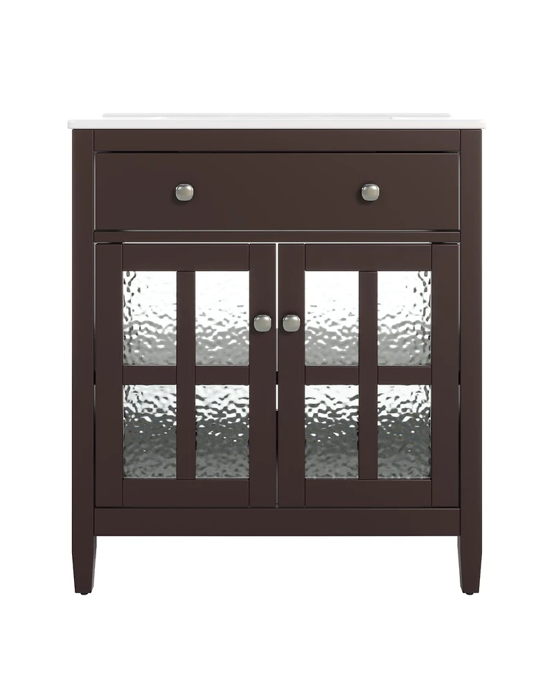 Sillysis Bathroom Vanity with Sink, Modern Solid Wood Cabinet with Textured Glass Doors, Flip-Out Tray & Adjustable Shelf