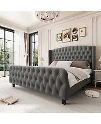 gaomon Bed Frame with Deep Button Tufted Wingback Headboard and Footboard, Velvet Upholstered Platform Bed Frame
