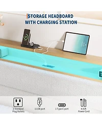 gaomon Boucle Bed Frame, Frame with Rgb Led Light & Charging Station, 2-Tier Storage Headboard and Sturdy Wooden Slats