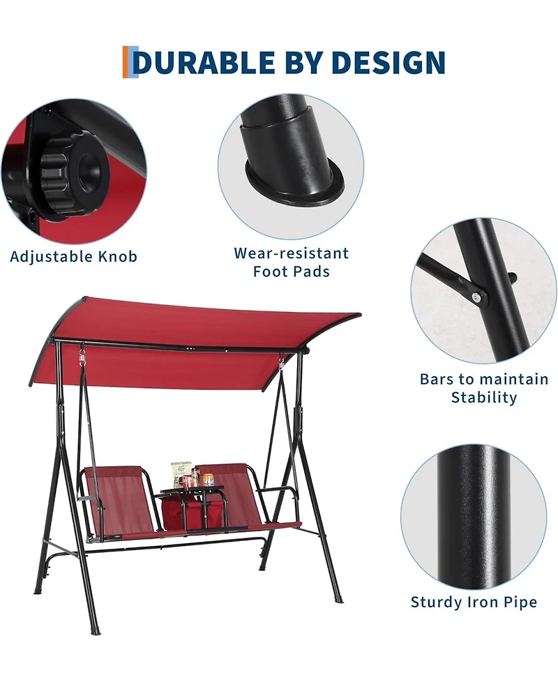 gaomon 2-Person Porch Swing with Cup Holders, Pivot Storage Table & Cooler Bag, Adjustable Canopy, Steel Frame Outdoor Patio Swing for Backyard