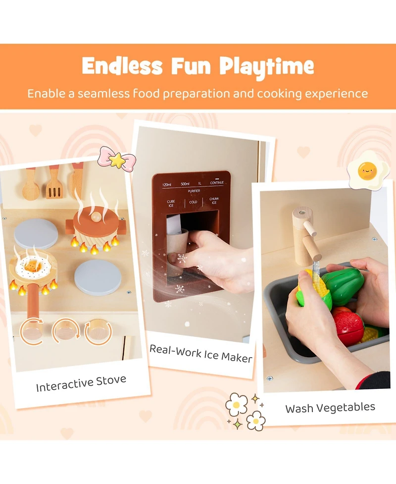Mecale Wooden Pretend Kitchen Playset with Realistic Ice Maker for Interactive Play