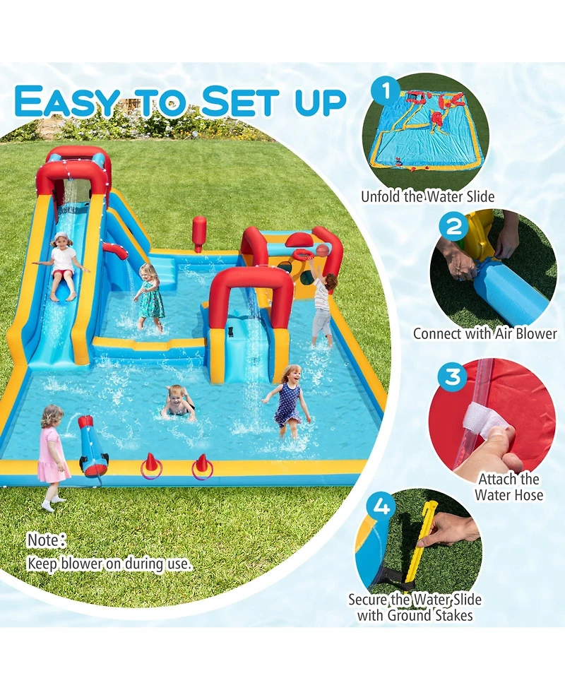 Mecale 9-in-1 Inflatable Double Water Slide Park Giant Bounce House, 750W Blower Included