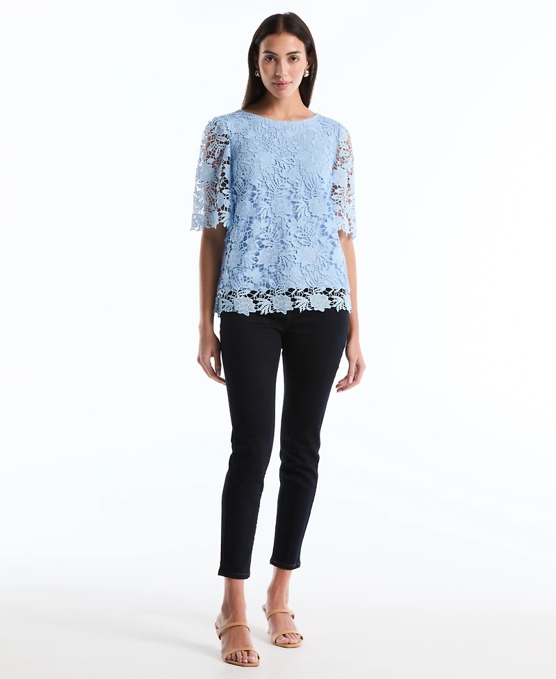Rafaella Petite Scalloped Elbow-Sleeve Lace Top