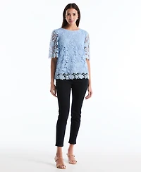 Rafaella Petite Scalloped Elbow-Sleeve Lace Top