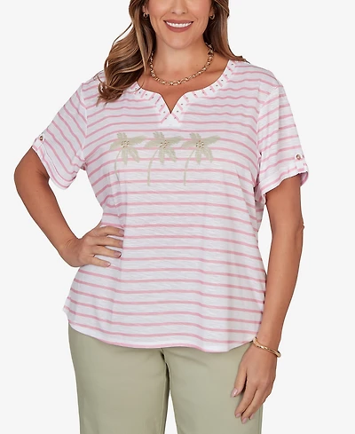 Hearts Of Palm Plus Printed Slub Top with Banded Neck