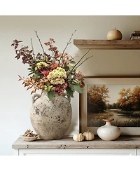 LuxenHome Rustic Antiqued Terracotta Vase, 10.4-Inch Round Bouquet Holder for Farmhouse Decor