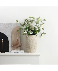 LuxenHome Vintage Pottery Off-White with Brown 15.75-Inch Tall Round Ceramic Vase