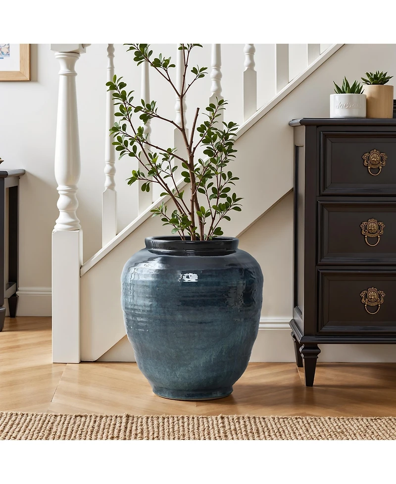 LuxenHome Blue Ripples Ceramic Vase, 17.3" High Elegant Centerpiece for Entryway or Living Room
