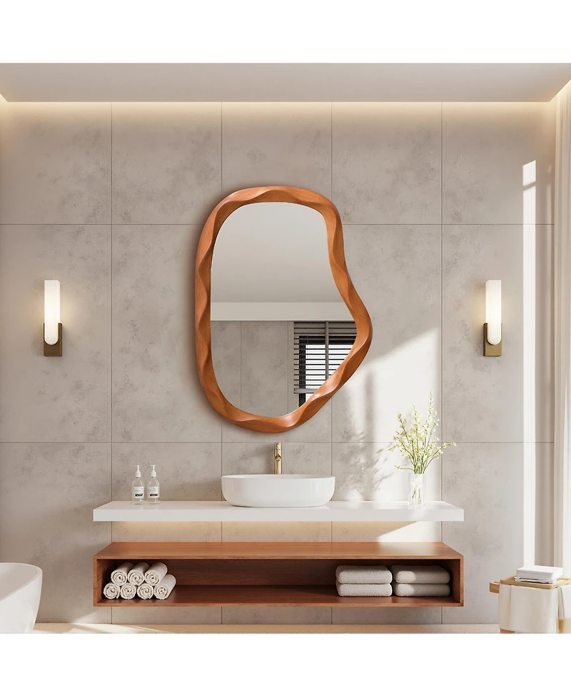 LuxenHome Natural Wood Finish Asymmetrical Mdf Frame Wall Mirror, 31.5” H x 22.6” W