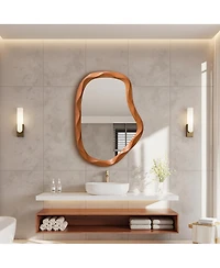 LuxenHome Natural Wood Finish Asymmetrical Mdf Frame Wall Mirror, 31.5” H x 22.6” W