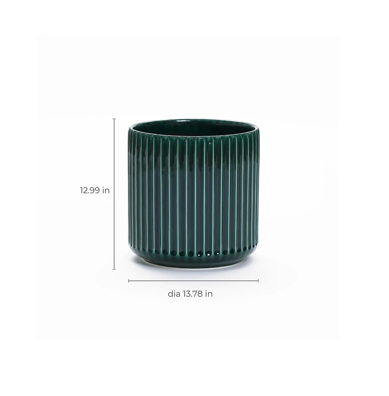 LuxenHome Jade Green Ribbed 13.8-Inch Round Ceramic Planter