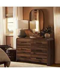 LuxenHome Modern Walnut Finish 6-Drawer Dresser, Engineered Wood Storage Chest with Rounded Corners