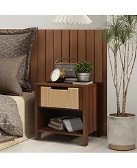 LuxenHome Walnut Finish Mdf Wood with Rope Front 1-Drawer Nightstand and End Table