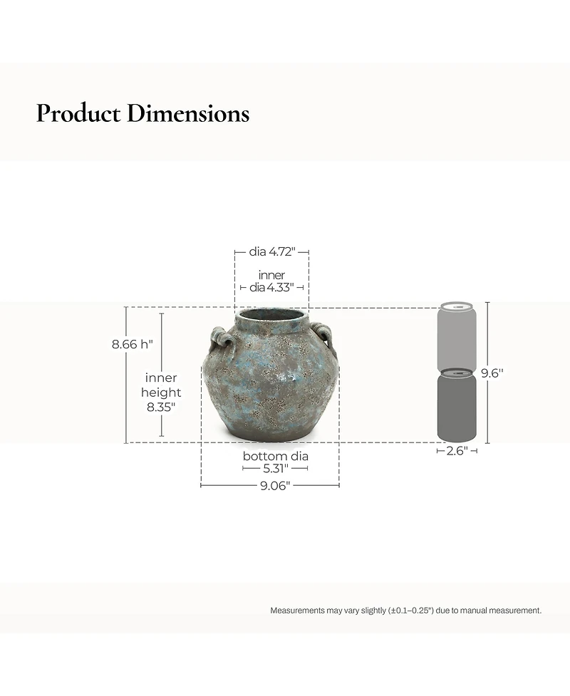 LuxenHome Antiqued Blue & Brown Terracotta Vase with Handles, 9" Round Farmhouse Vintage Pottery