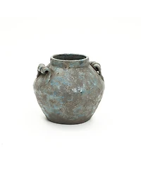 LuxenHome Antiqued Blue & Brown Terracotta Vase with Handles, 9" Round Farmhouse Vintage Pottery