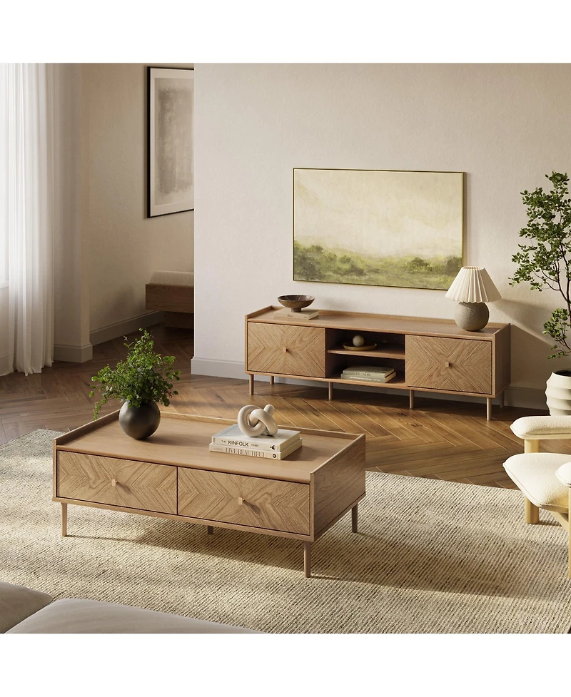 LuxenHome Summer Oak Manufactured Wood 2 Drawer Coffee Table