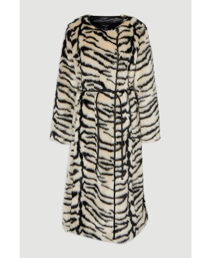Karen Millen Women's Faux Fur Collarless Tie Belted Midi Coat