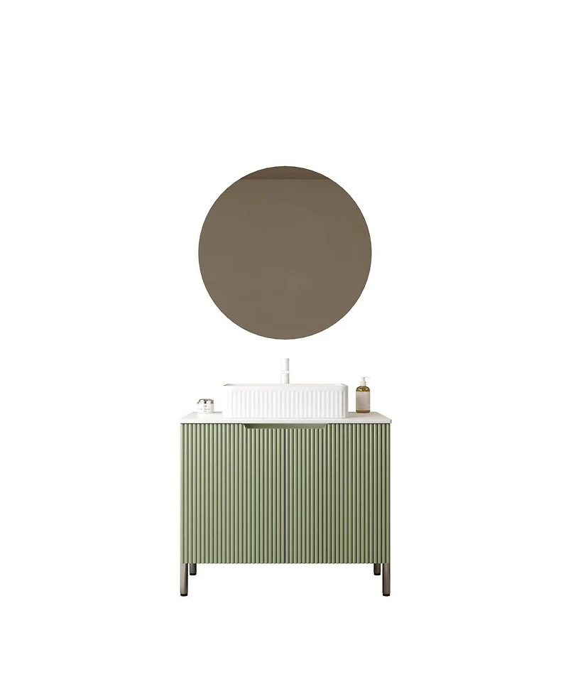 Sillysis 30'' Bathroom Vanity with Carrara Countertop, French Striped Ceramic Basin, Soft Close Doors & Large Storage for Modern Bathroom