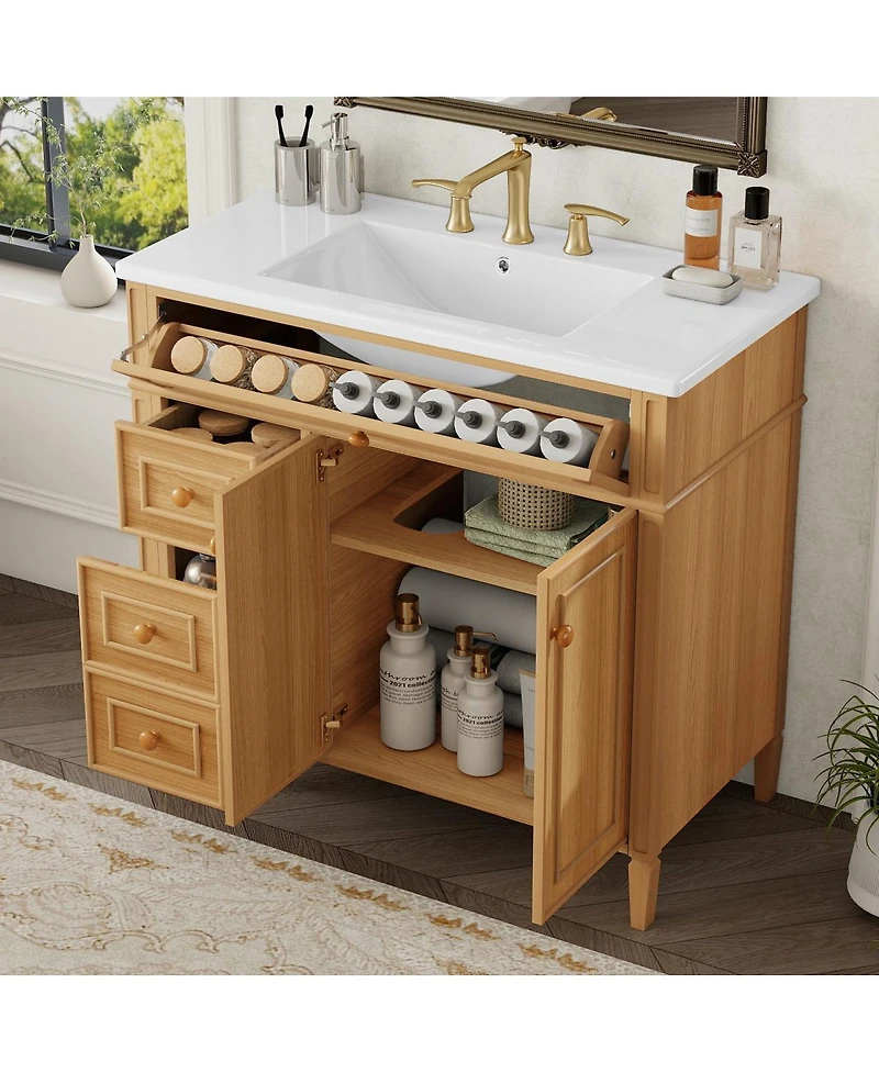 Sillysis 36'' Solid Wood Bathroom Vanity with Sink, Tilt-Out Drawer & 2-Door Storage, Freestanding Modern Cabinet for Easy Assembly