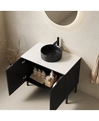 Sillysis 30" Bathroom Vanity with Round Ceramic Sink, Carrara Stone Countertop, 2 Soft Close Doors, Modern Freestanding Storage