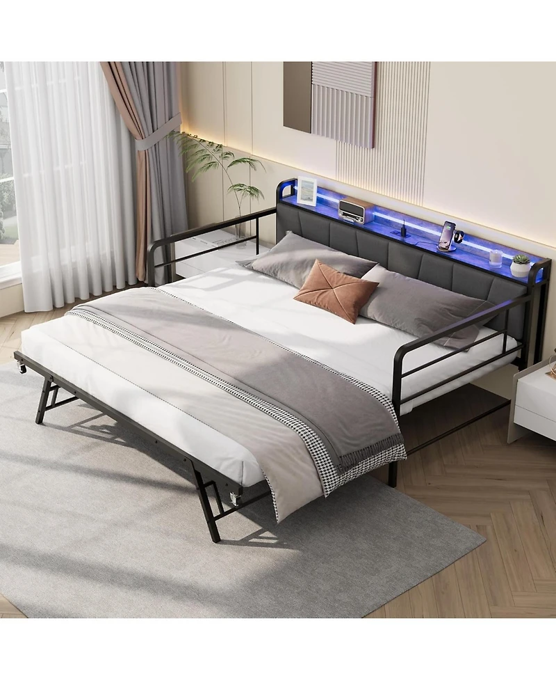 gaomon Daybed with Trundle and Led Light, Sturdy Metal Bed Frame Linen Upholstered Headboard Charging Station, for, Bedroom