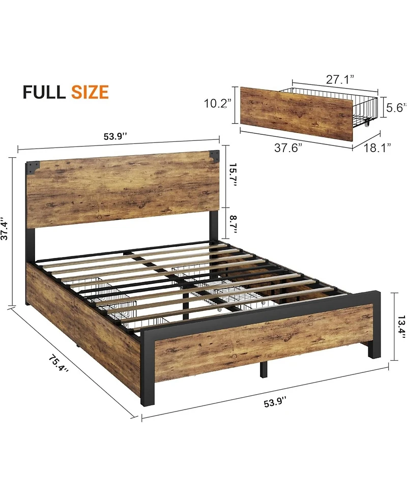 gaomon Bed Frame with 4 Storage Drawers, Metal Platform Bed Frame with Wooden Headboard and Footboard, Noise-Free, Easy Assembly