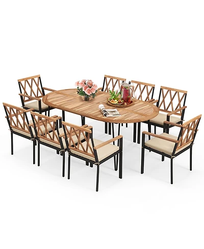 Gymax 9 Pcs Patio Dining Set Table w/ Acacia Wood Top & Umbrella Hole Metal Frame