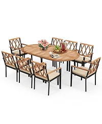 Gymax 9 Pcs Patio Dining Set Table w/ Acacia Wood Top & Umbrella Hole Metal Frame