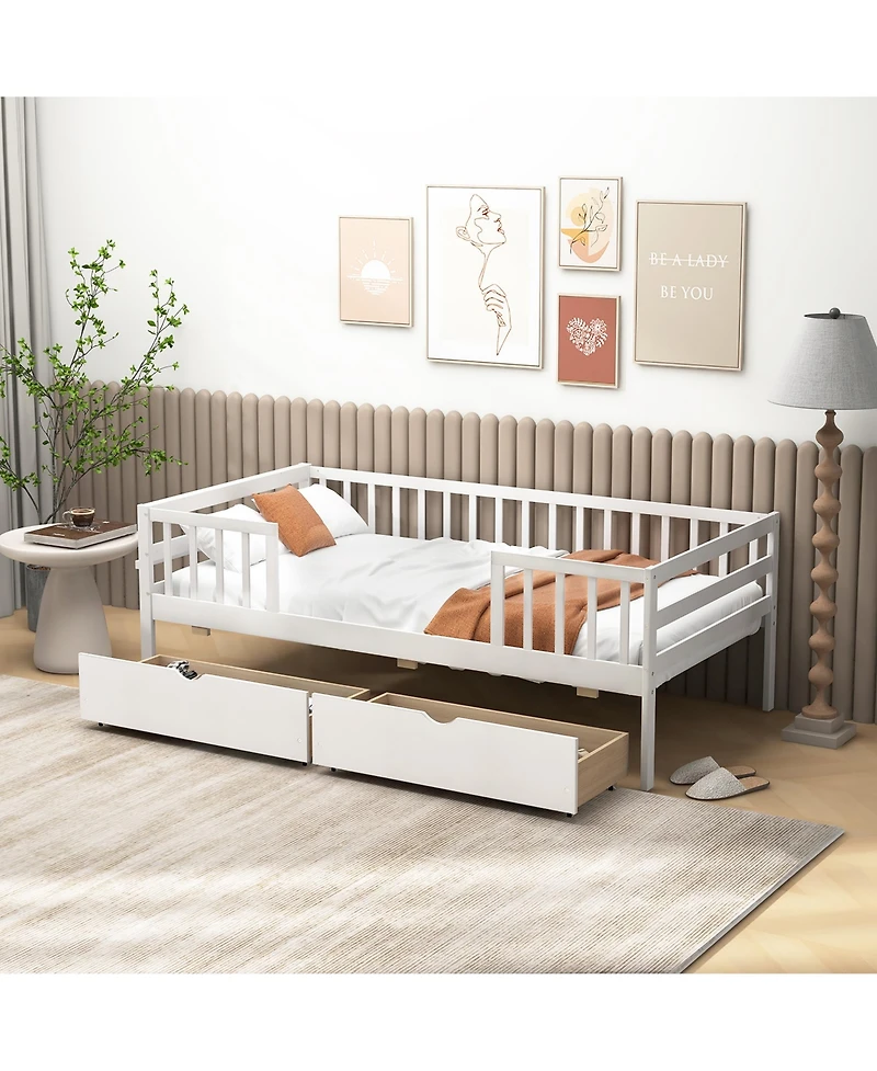 Gymax Twin Size Kids Bed w/ Storage 2 Pull-out Drawers Side Shelf for Children & Teens