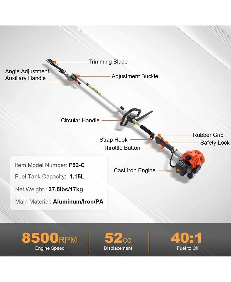 Mecale 52CC 6-in-1 Gas Trimming Tool Set, Hedge Trimmer, String Trimmer, Brush Cutter, Edger, Pole Saw, Chainsaw Pruner, Extension Pole