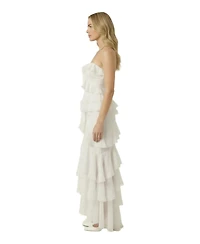 Modenaire Women's Strapless Raw Edge Tiered Ruffle Maxi Dress