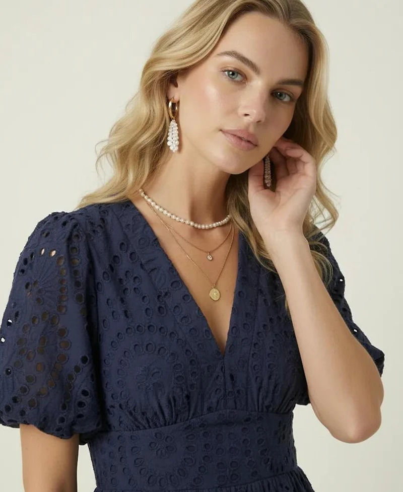 Modenaire Women's Puff-Sleeve Eyelet Smocked-Waist Midi Dress