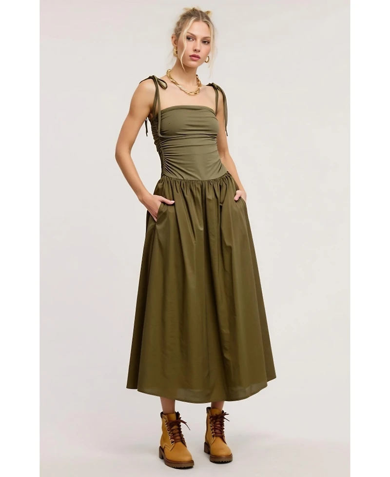 Modenaire Women's Ruched Tie-Strap Midi Dress