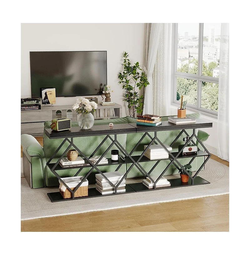 gaomon 3-Tier Narrow Farmhouse Console Table for Living Room – Entryway Accent Furniture with Storage Shelves, Geometric Metal Legs, Easy Assembly