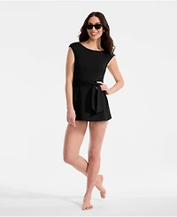 Lands' End Women's Cap Sleeve Tie Belt Mini Swim Dress