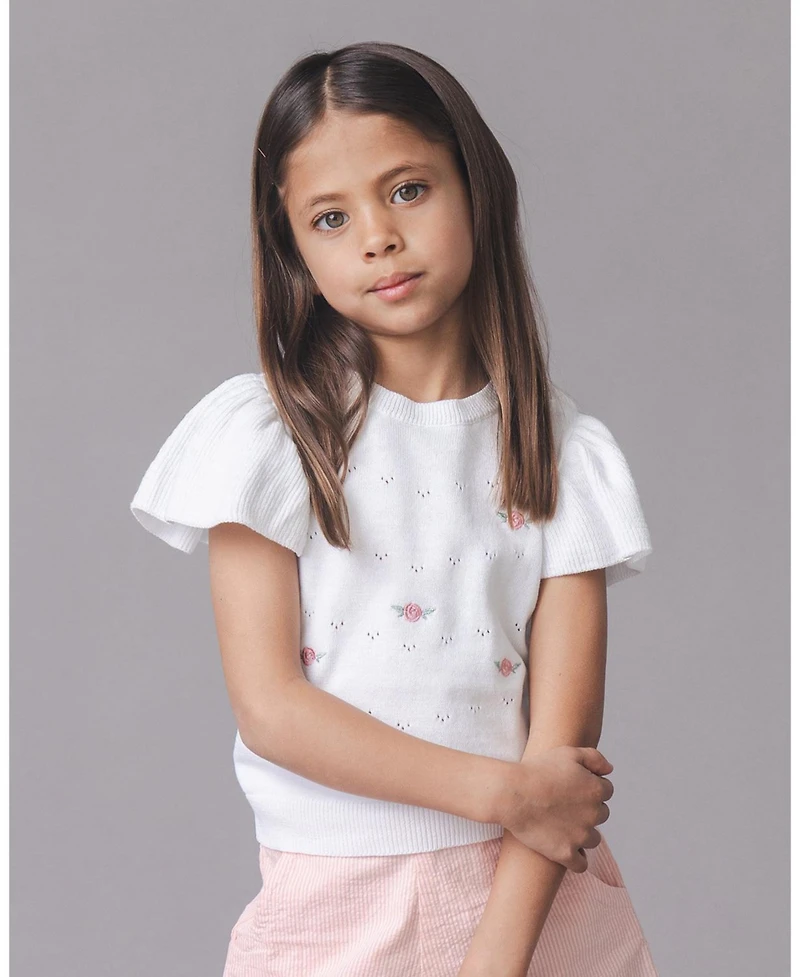 Hope & Henry Girls Organic Ruffle Sleeve Pointelle Sweater