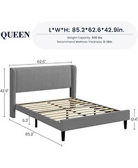 gaomon Bed Frame with Upholstered Headboard,Wooden Platform Bed Frame with 2 Storage Pockets,Vertical Channel Tufted Wingback,Strong Wooden Slats