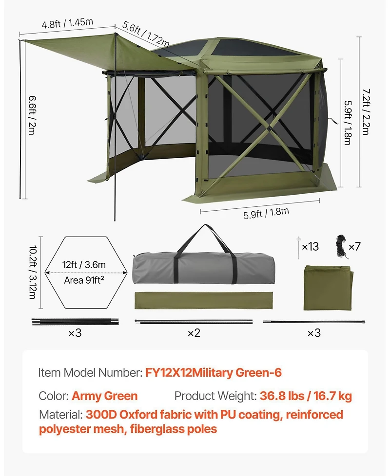 Mecale 12 x 12 ft Pop-Up Gazebo Screen Tent, 6-Sided, Removable Top, Carry Bag, Screen House Shelter for 8-10 Persons