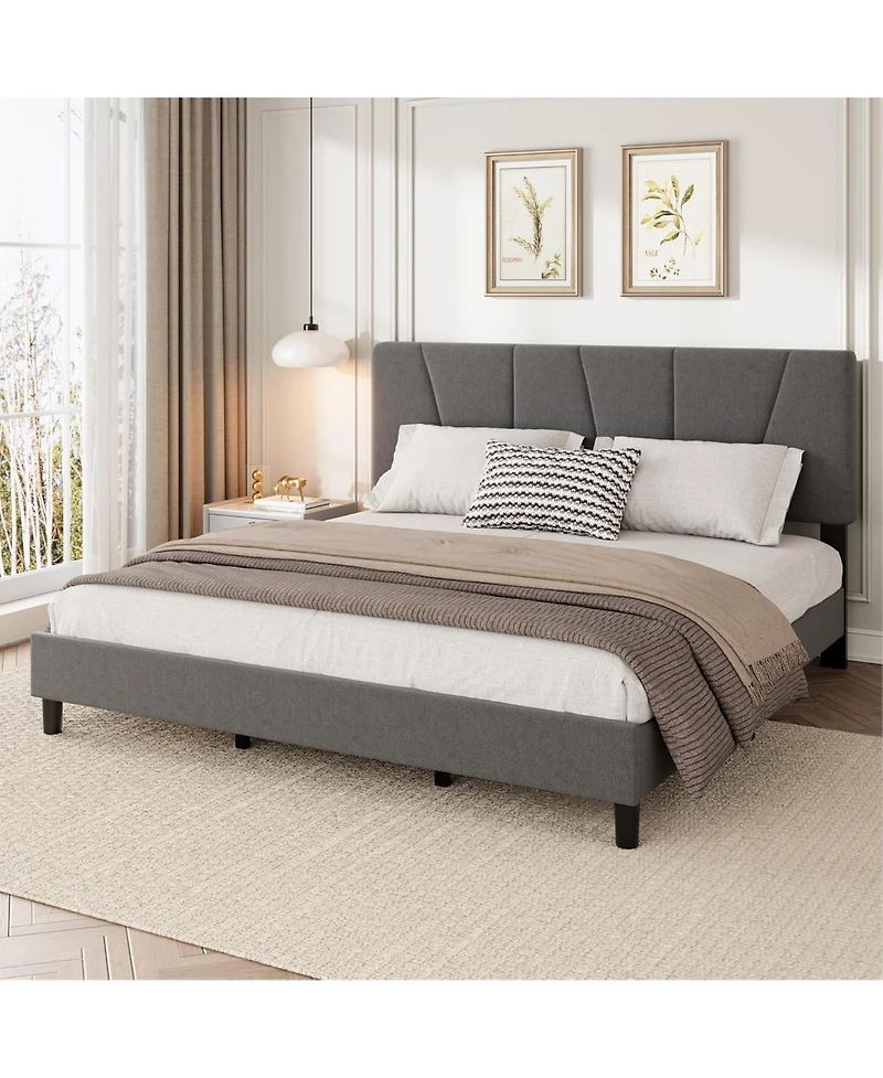 gaomon Platform Bed Frame for Kids, Linen Upholstered Headboard & Wooden Slats Support