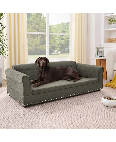Aostirmotor Oversized Pet Sofa, Modern Linen Fabric Elevated Dog Bed with Backrest & Armrest for Large Dogs